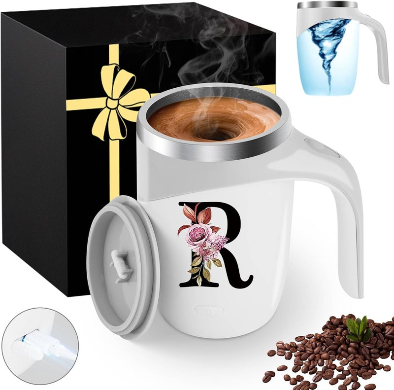 MNZZ Initial Magnetic Stirring Coffee Mug Stainless Insulated Travel Cup Women Birthday Xmas Day Holiday Female Teacher Aunt Big Small Sister Law Mother Step Mother Wedding Groom Bride Officiant Gift,R - Image 1